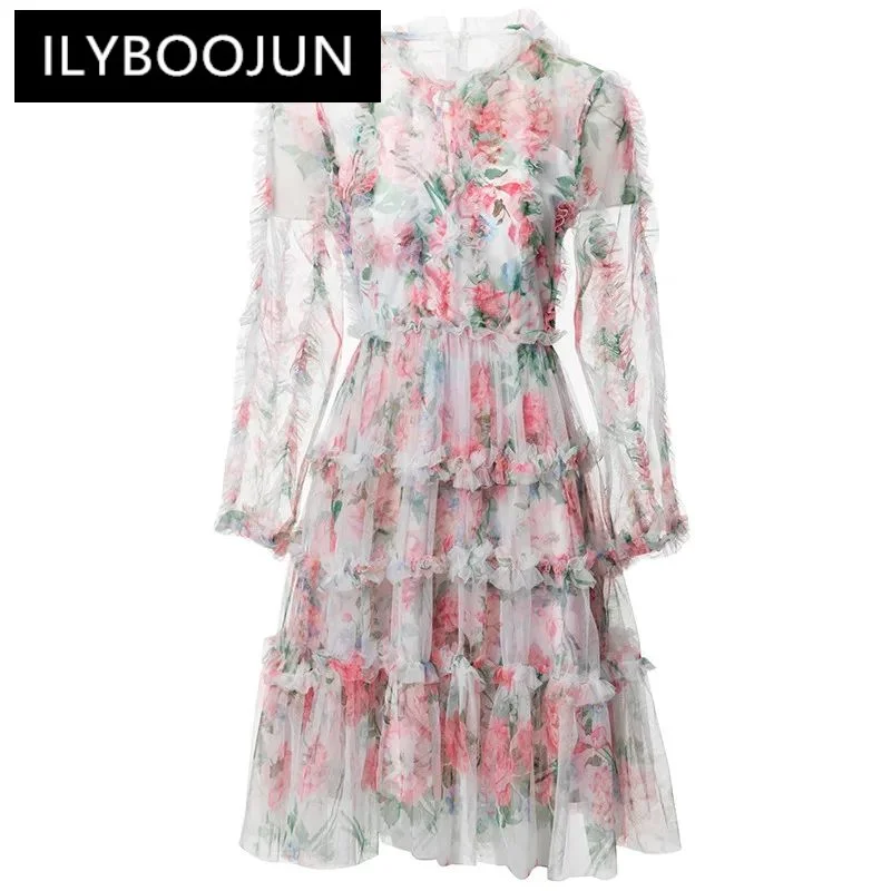 

ILYBOOJUN Fashion Women's New Vintage Mesh Stand-Up Collar Long-Sleeved Tiered Flounced Edge Hollow Out Short Gown Mini Dress