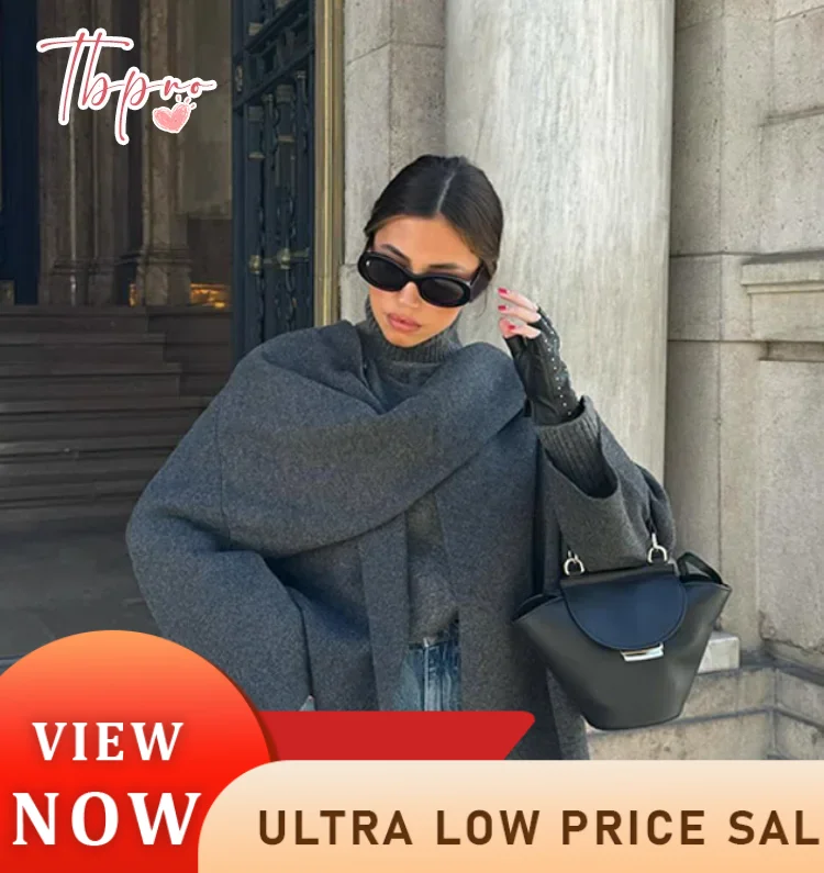 Kadın moda eşarp dekore yün ceket rahat katı uzun kollu gevşek sıcak palto 2024 sonbahar kış yeni Lady Chic Coat