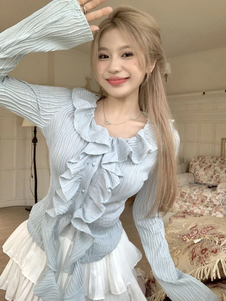 Slim Shirt Women Ruffles V-neck Long Flare Sleeve Solid Wave Cut Design All-match Spring Thin Office Lady Ruched Lace-up Design