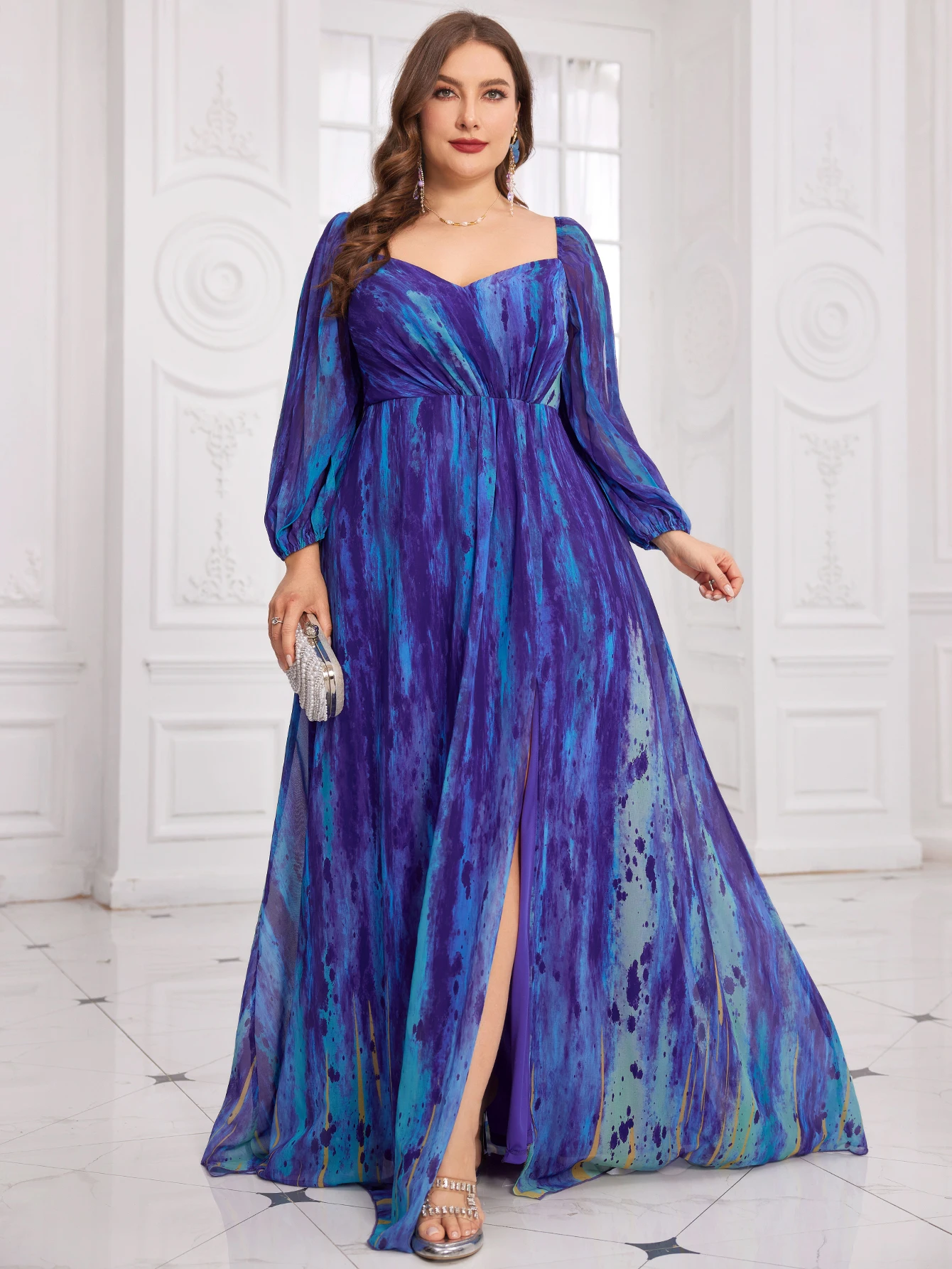 

UNITHORSE Random Cut Floral Code Watercolor V-Neck Pressed Pleat Lantern Sleeve Digital Abstract Watercolor Printed High-Quality