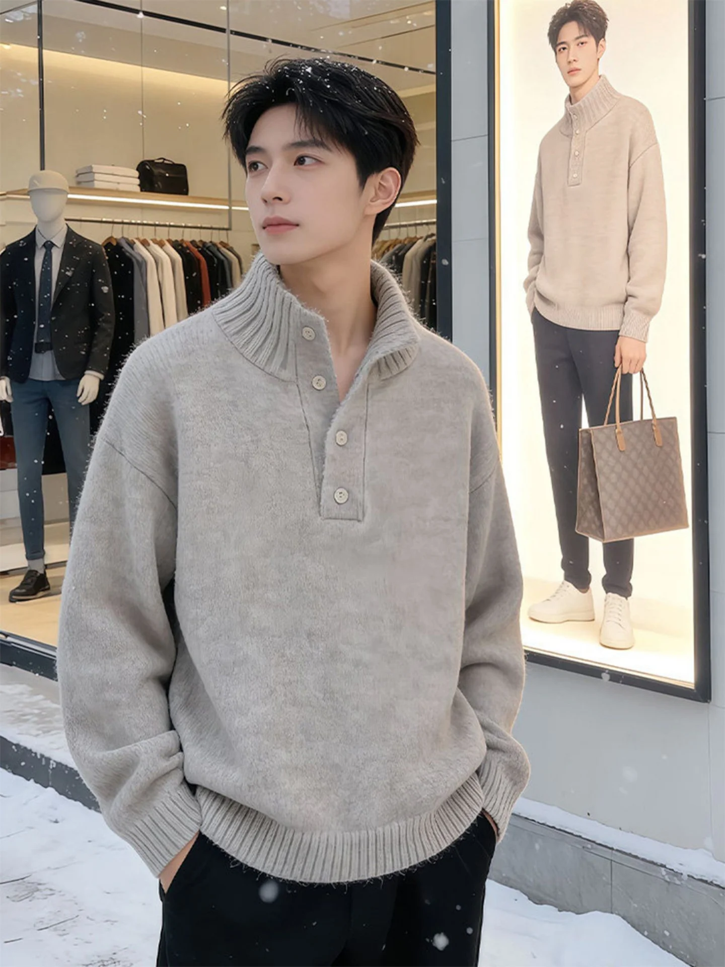 

Khaki Thiened f-High Collar Button-Up Knitwear Men's Winter Faion Casual Sle Loose Fit Long Sve Crew Ne Sweater