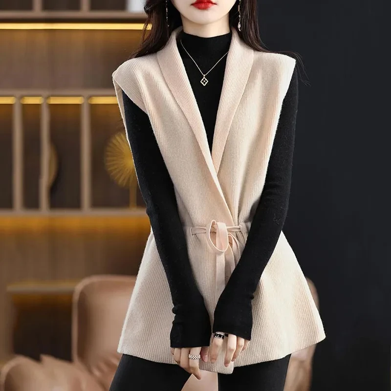 2023 New Autumn Winter Fashion V-Neck Knitt Vest Jacket Women Mid Long Loose Sleeveless Waistcoat Cardigan Waist Coat Female