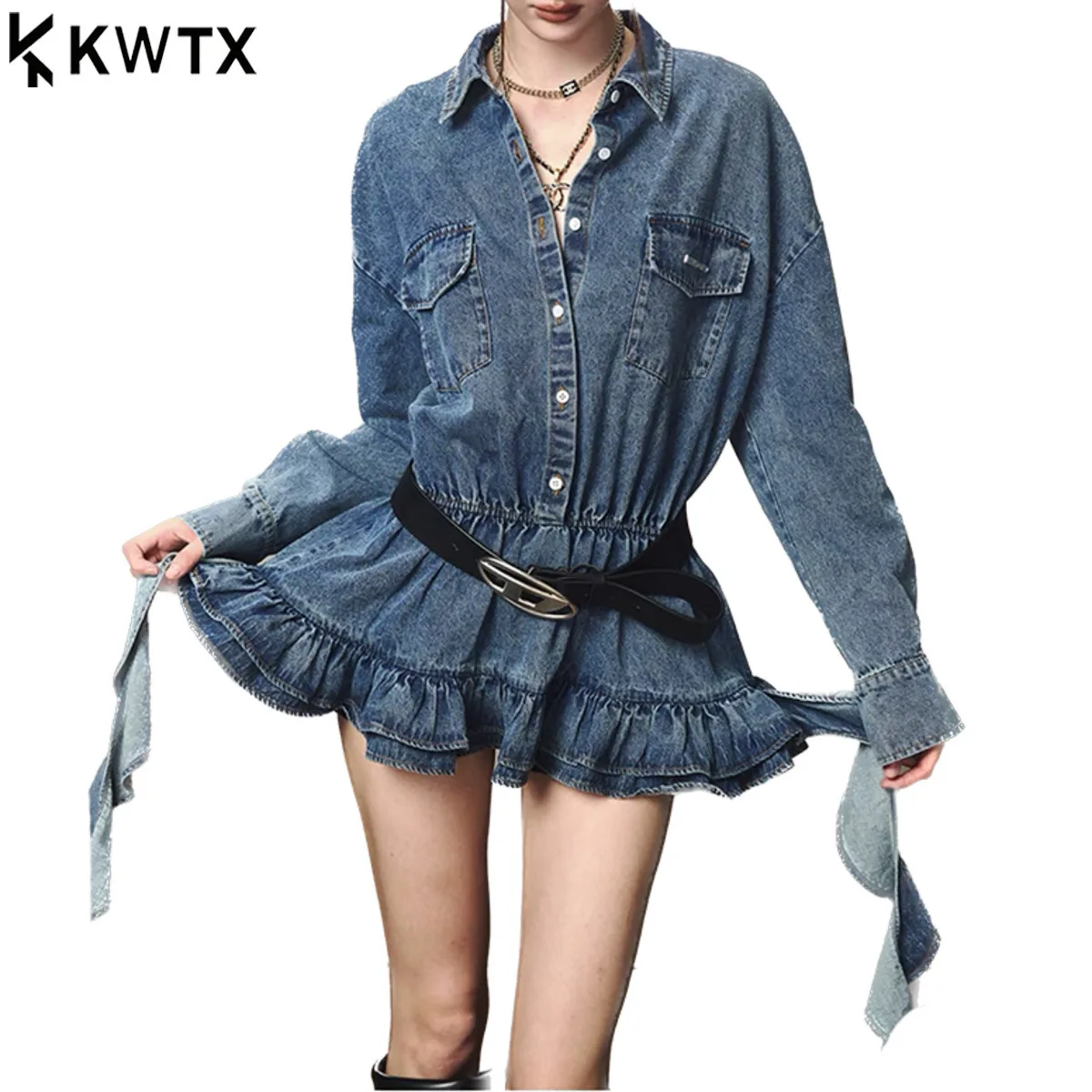 KWTX فستان قميص دينيم عتيق 2025 جديد قصير الأكمام فتاة ساخنة مطوي الخصر Cinching الصلبة ربيع الخريف أنيقة عادية #1