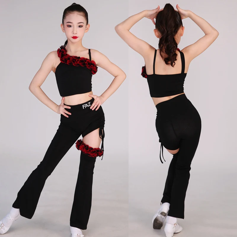 

Summer Latin Dance Suit Girl Sleeveless Crop Tops Black Pants Set Dancer Training Dancewear Kid Cha Cha Practice Clothes 1815