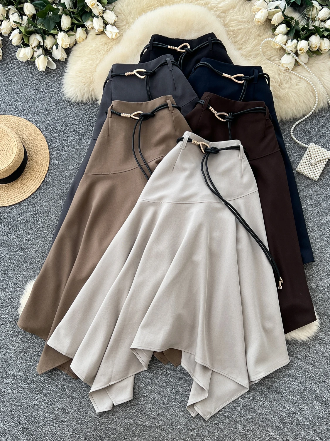 High Waist A-Line Midi Skirt for Women Commute Design Sense Belt Irregular Design Slimming Korean Style Polyester Fiber