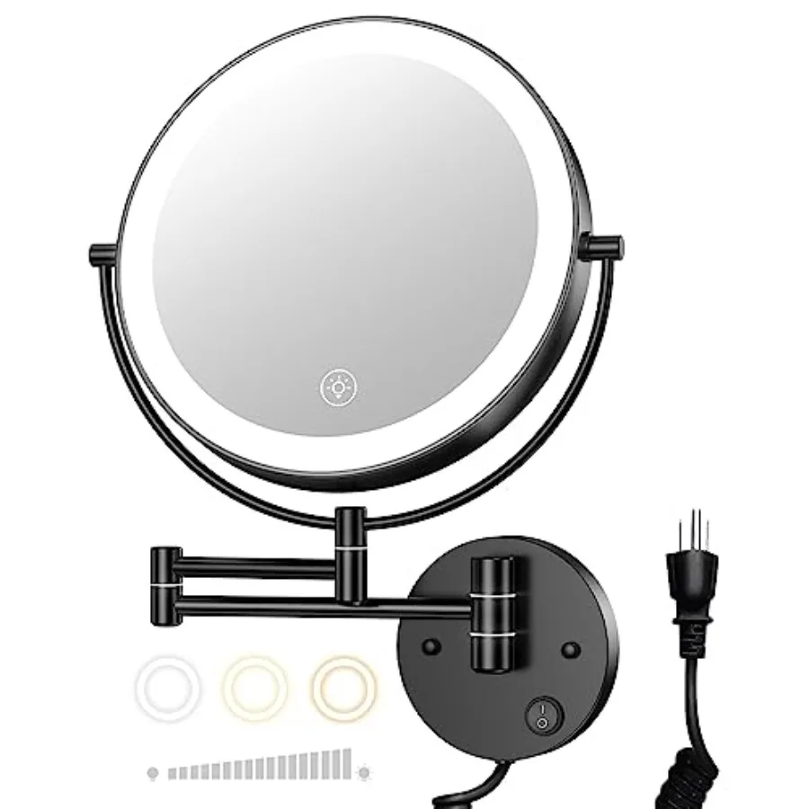 

9" Wall Mounted Lighted Magnifying Mirror, 1X/10X Magnification Double-Sided LED Bathroom Mirror, 3 Color Lights and Stepless D