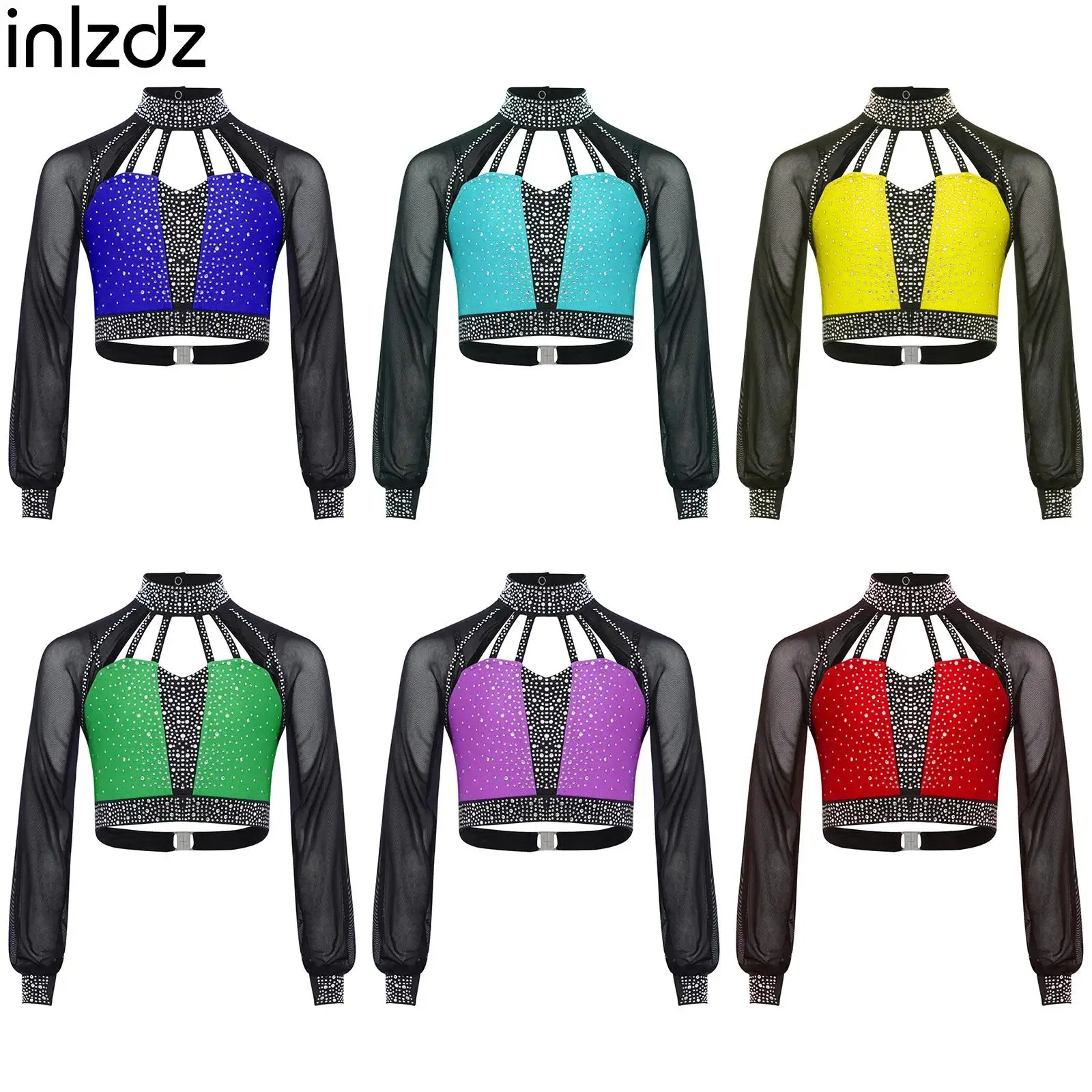

Girl Ballet Lyrical Modern Dance Top Skating Dance Costume Long Sleeves Cutout Back Strappy Rhinestones Crop Top Stage Dancewear