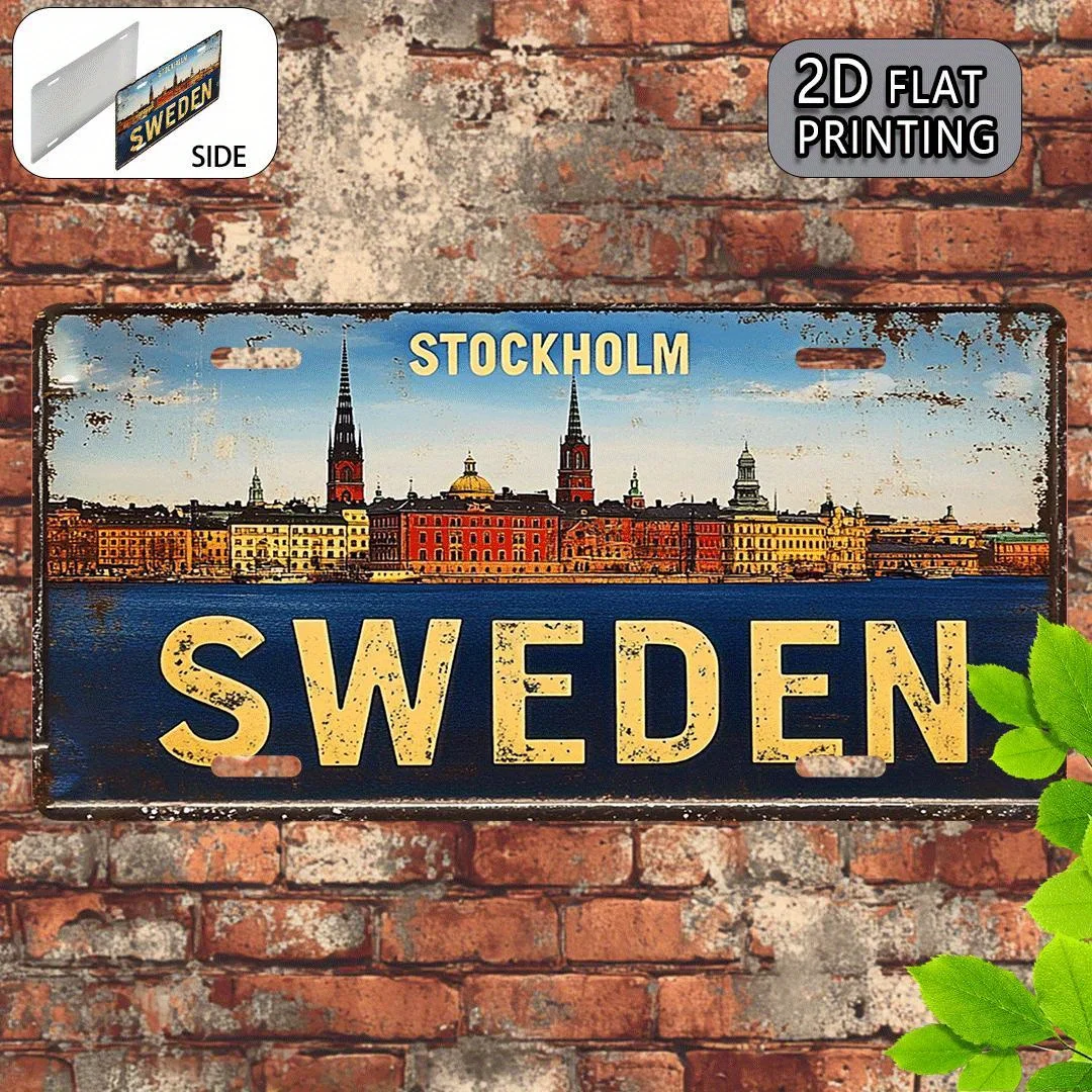 2D Flat, 2D Flat Printing, 1pc, Stockholm Sweden Vintage Metal Aluminum Sign License Plate, decorative sign and plaque (30.23X15