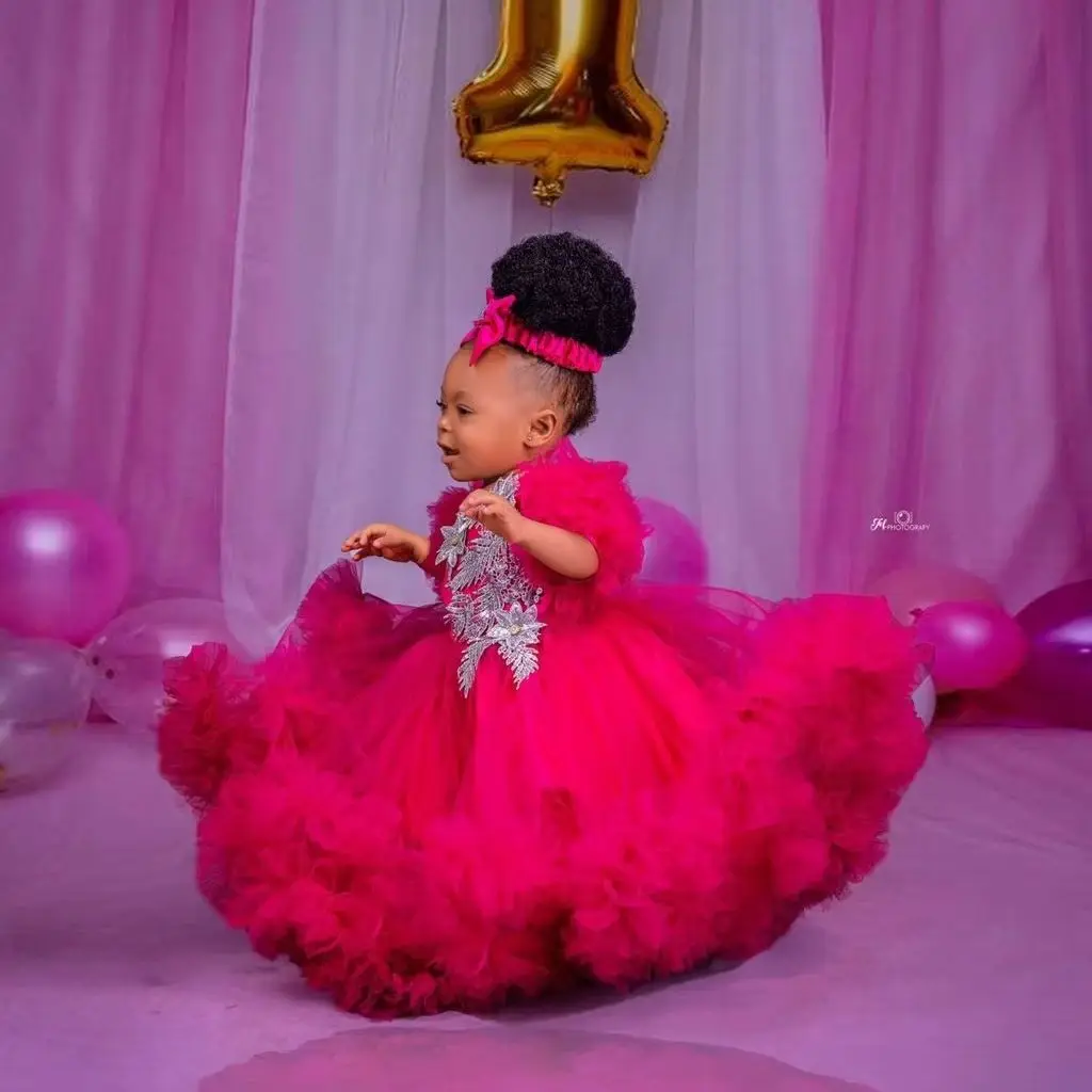 Customized Flower Girl Dresses Fuchsia Puffy Tulle Dress Sparkly Beaded 1st Birthday Photo Shoot Party Gown - view 6