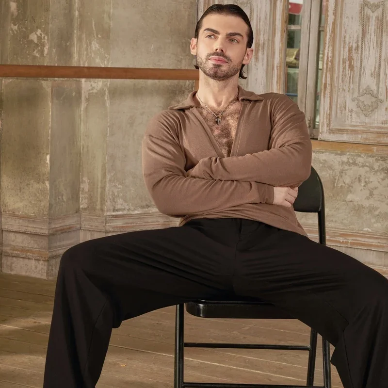 남성 긴 소매 연습 의류 성인 남성 룸바 볼룸 댄스 공연 의류 ZYM Deep V Neck Latin Dance Tops