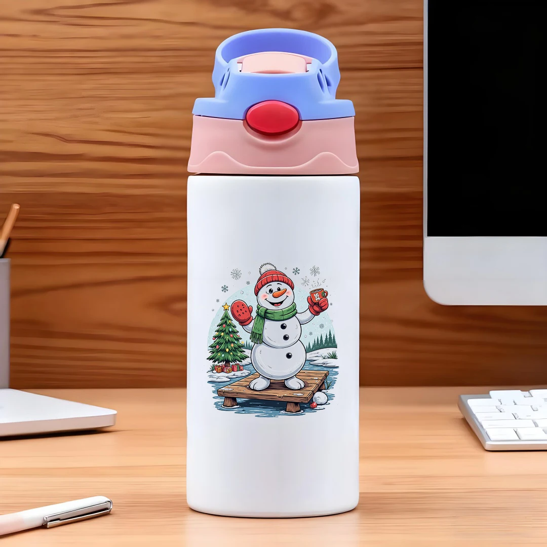 كوب حراري من الفولاذ المقاوم للصدأ 304 + كوب بقشة للأطفال + تصميم كرتوني لرجل الثلج + مجموعة أكواب حرارية لعيد الميلاد - هدية عيد الميلاد