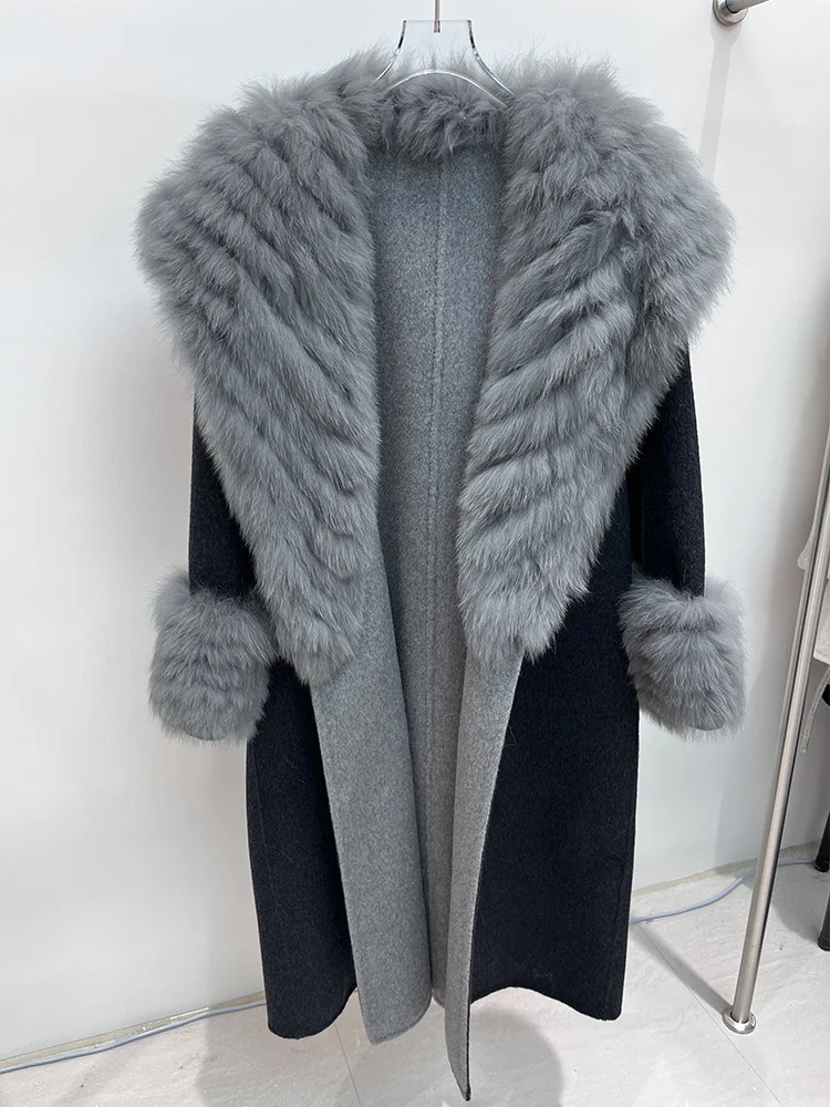 2025 New Winter Woolen Wool Jacket Real Natural Fox Fur Collar Cuff Coat Ladies Outwear Female Coat Women Luxury Jacket