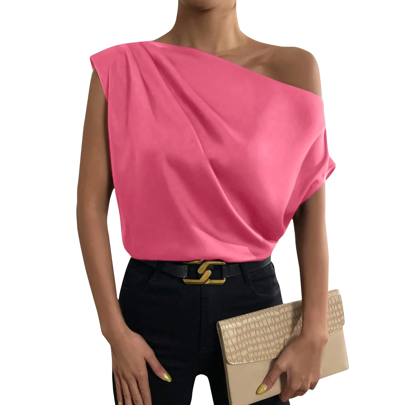 Summer Fashion Versatile Slant Collar Pinch-pleated One-Shoulder Asymmetric Top For Ladies Solid Color Elegant Business T-shirt