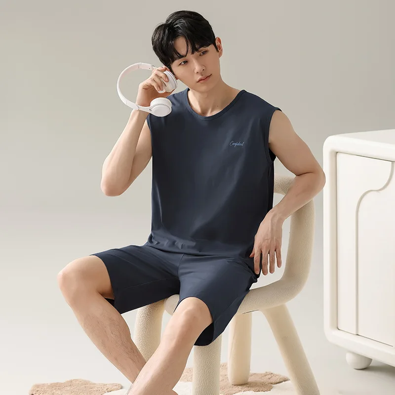 

Повседневный мужской однотонный пижамный комплект без рукавов, жилет и шорты с круглым вырезом, дышащая одежда для сна свободного покроя, домашняя одежда, спортивная одежда для отдыха