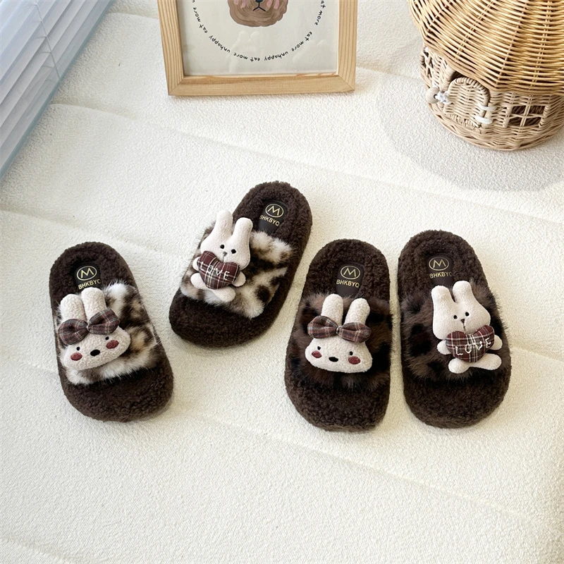 

Детские модные плюшевые тапочки с рисунком кролика, зимние теплые туфли принцессы на платформе для девочек, повседневные детские хлопковые тапочки с открытым носком