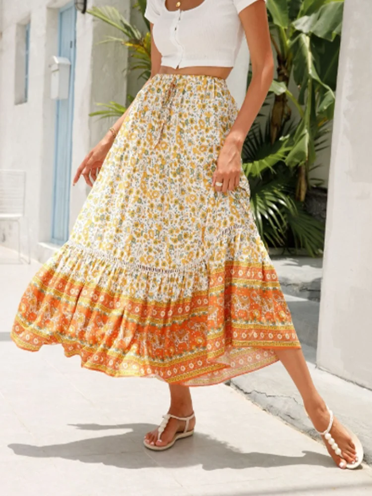 Lace Up Micro Elastic Long Skirt Floral Print Women's Half Skirt Vacation Casual Bohemian Style Summer Half Skirt