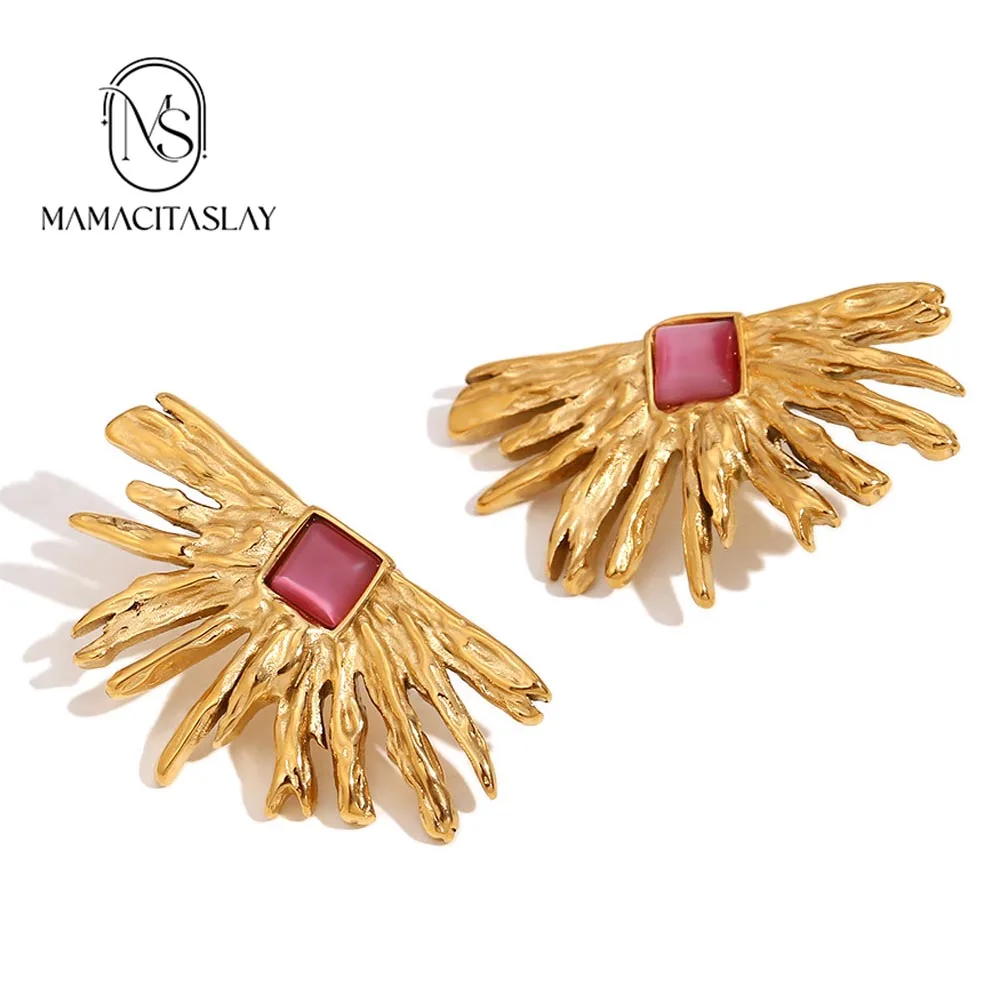 MamacitaSlay Elegant irregular fan-shaped red agate Women\'s earrings gold plated Titanium premium stainless steel jewelry