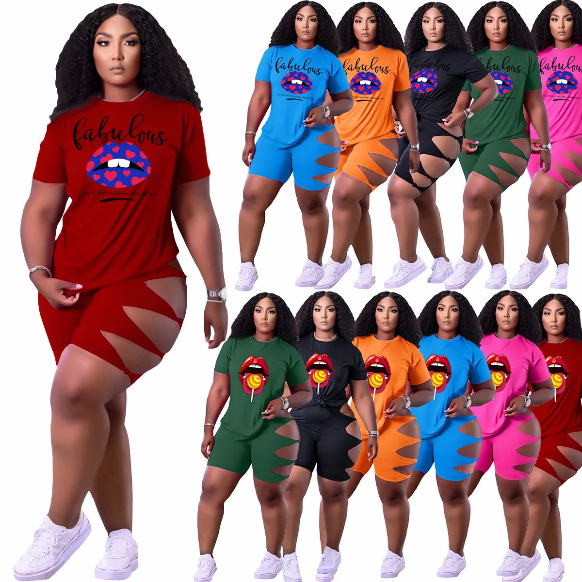 HAOOHU summer new solid color fashion sexy short-sleeved T-shirt shorts hollow leisure sports 2-piece plus size female hot sale