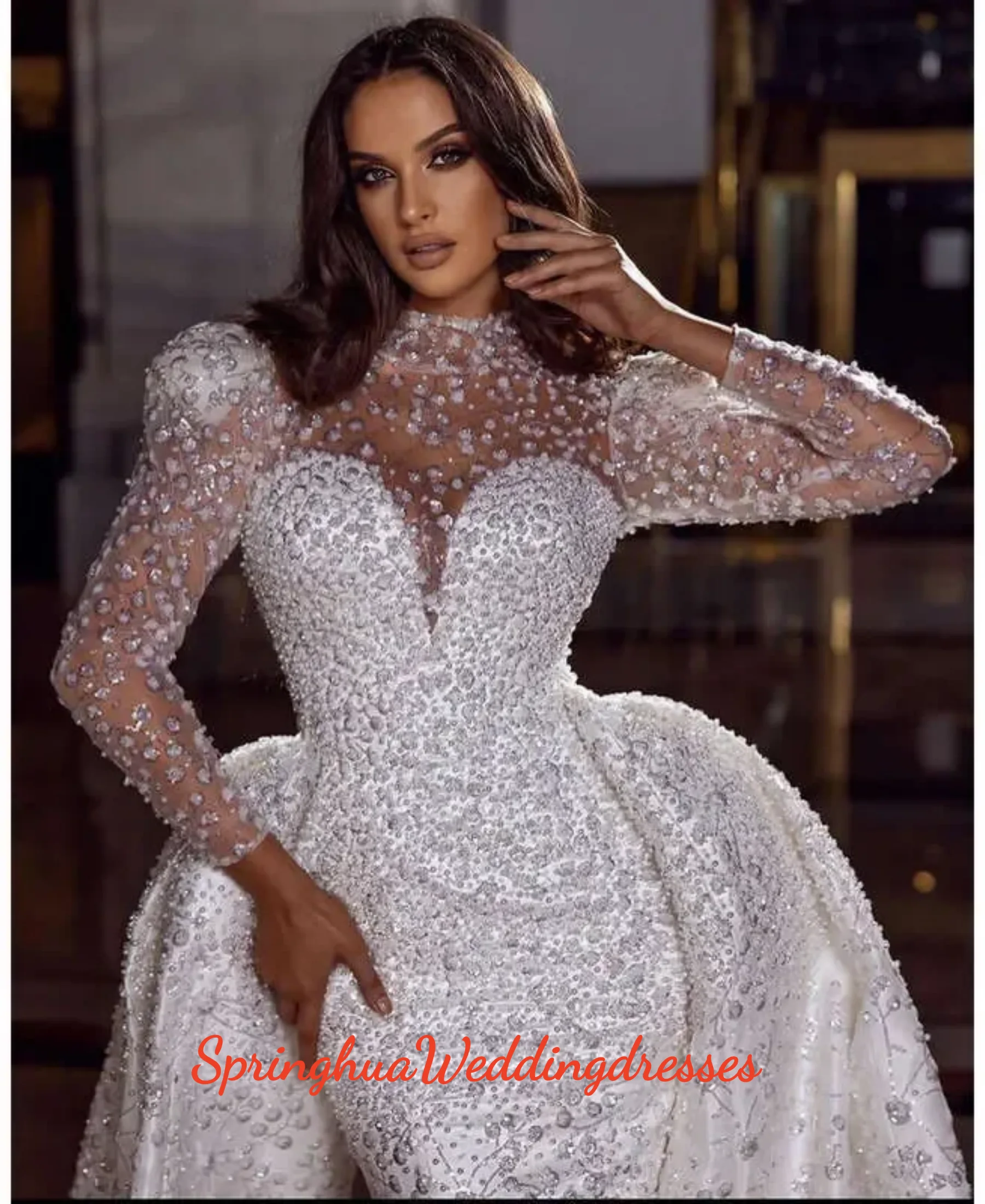 

Customized Detachable With Wedding Mermaid Train Lace Pearl Crystal Trumpet Bridal Gowns Long Sleeves Robe vestidos de novia
