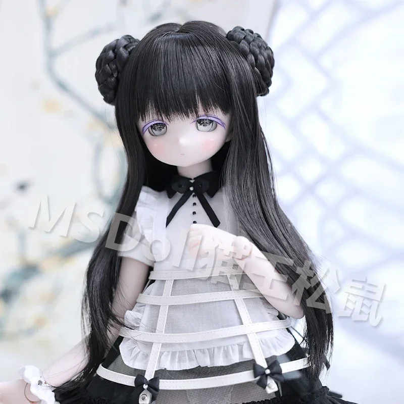 Franja fina cabelo longo encaracolado com pães duplos boneca peruca bonito 1/3 1/4 mdd bjd peruca material de seda de alta temperatura acessórios de boneca