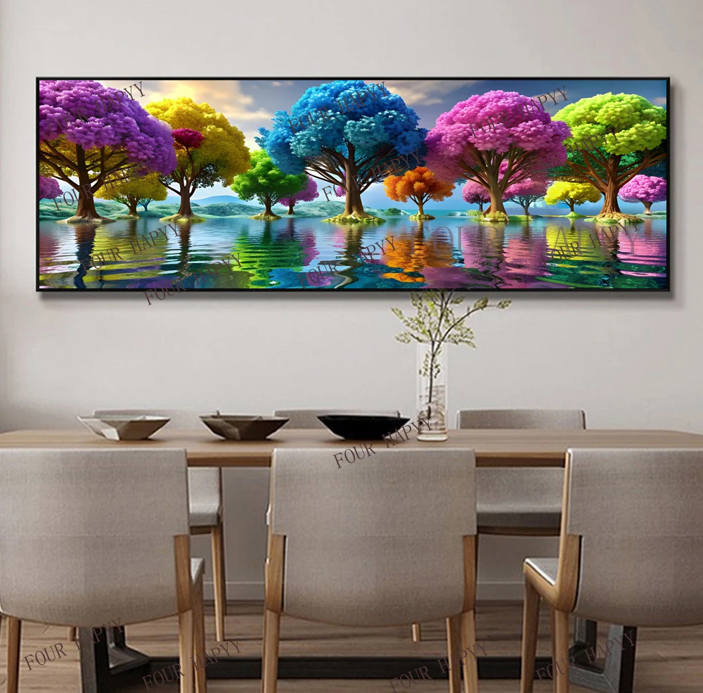 

5D DIY Large Diamond Painting Cross Colorful trees Reflection Lake Landscape Wall Art, Full Round Drill, Embroidery Home Decor