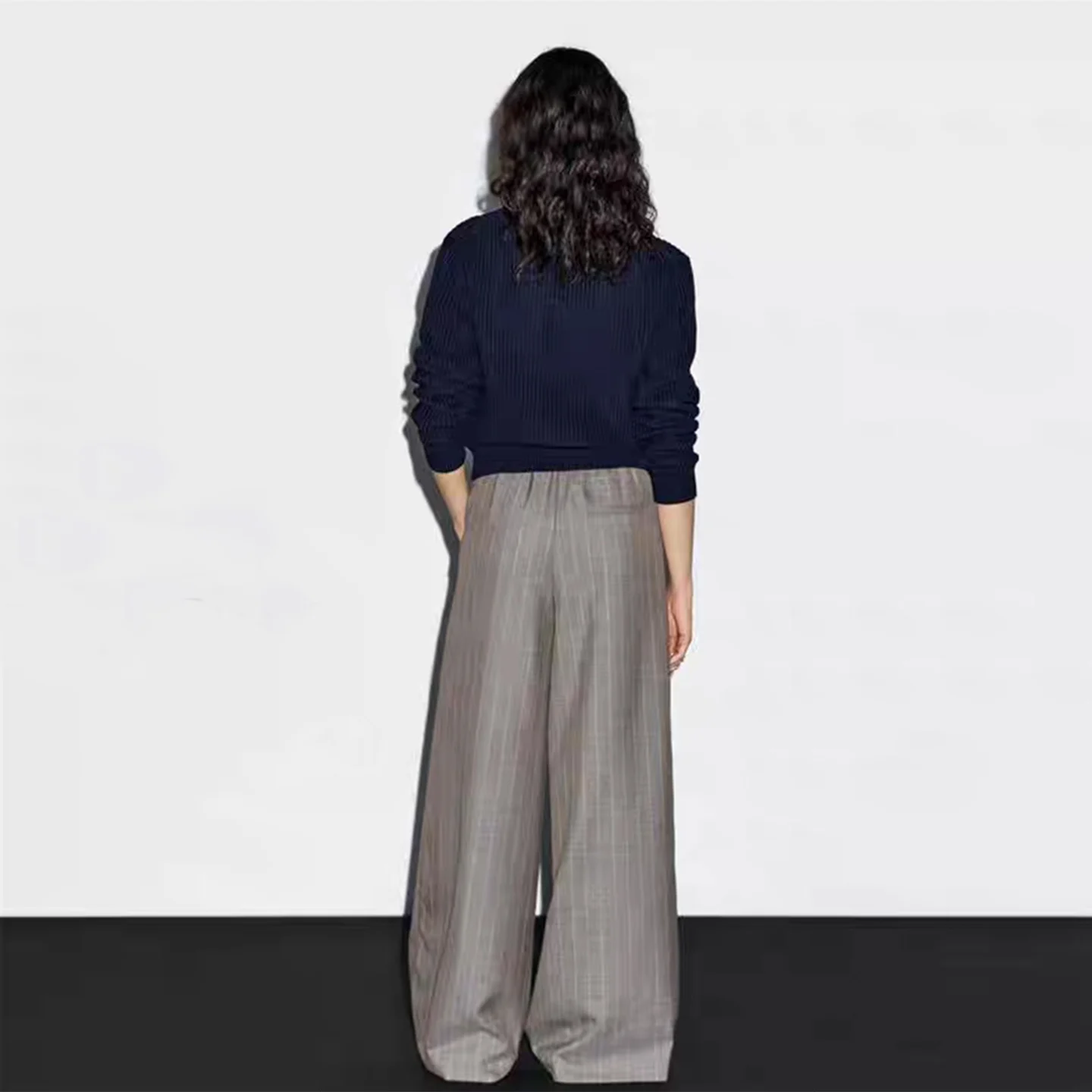 2025 خريف جديد Sle المرأة Faion بنطال ذو قصة أرجل واسعة مخطط ضيق الخصر عالية الخصر مستقيم قطع السراويل الطويلة للسيدات #4