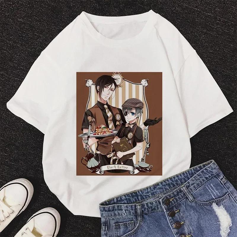 Cartoon Black Butler Print Women T-shirt Japanese Anime Short Sleeve T-shirts Female Harajuku Y2k Clothes Tops 2024 Summer Tees