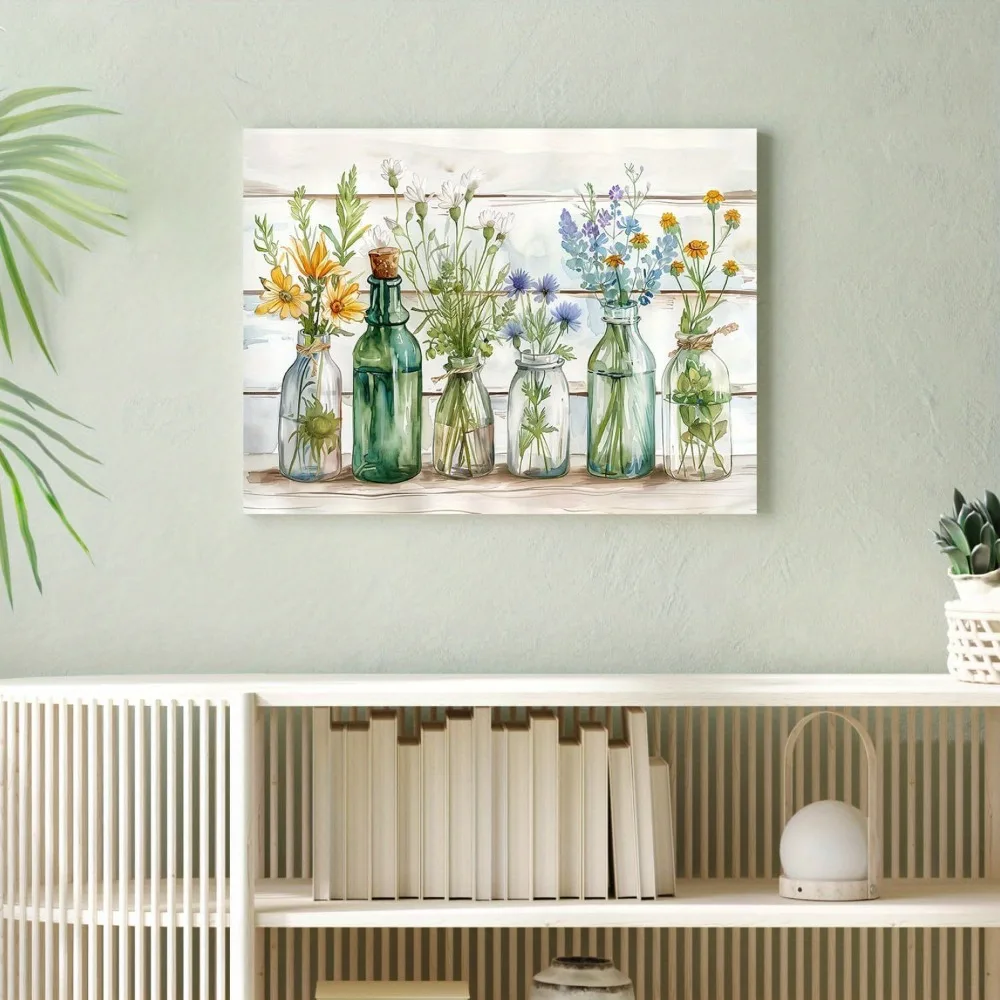 

1.5 inch thickness, Interior decorative art, home decor, farmhouse style, green flower watercolor bottle art