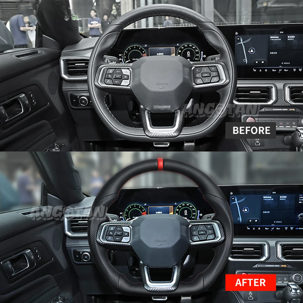 

Full Leather Steering Wheel With Heated Red Stitching D-Type Modified Steering Wheel For Ford Mustang GT 2024 Car Accessories