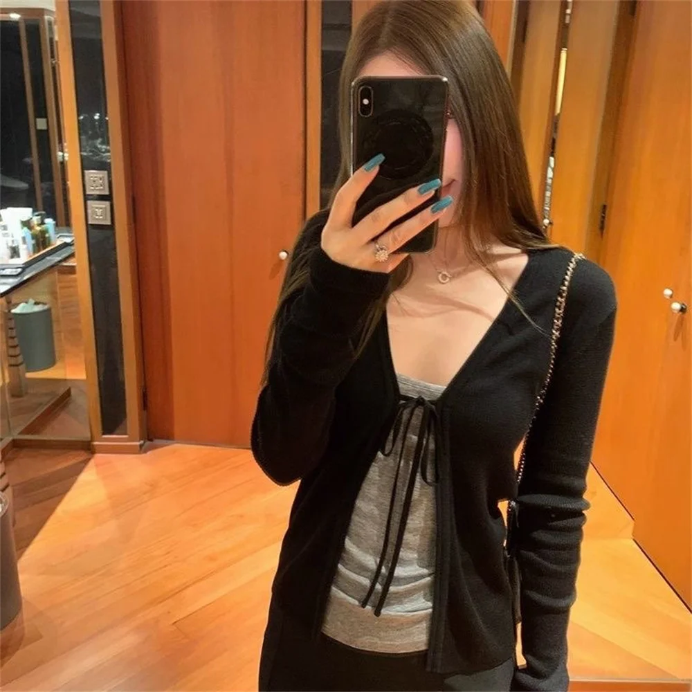 Spring Autumn Fashion Long Sleeve Cardigan Women's Clothing Bandage Vintage Tops Knitting Thin Sweater Jackets Women's Clothing