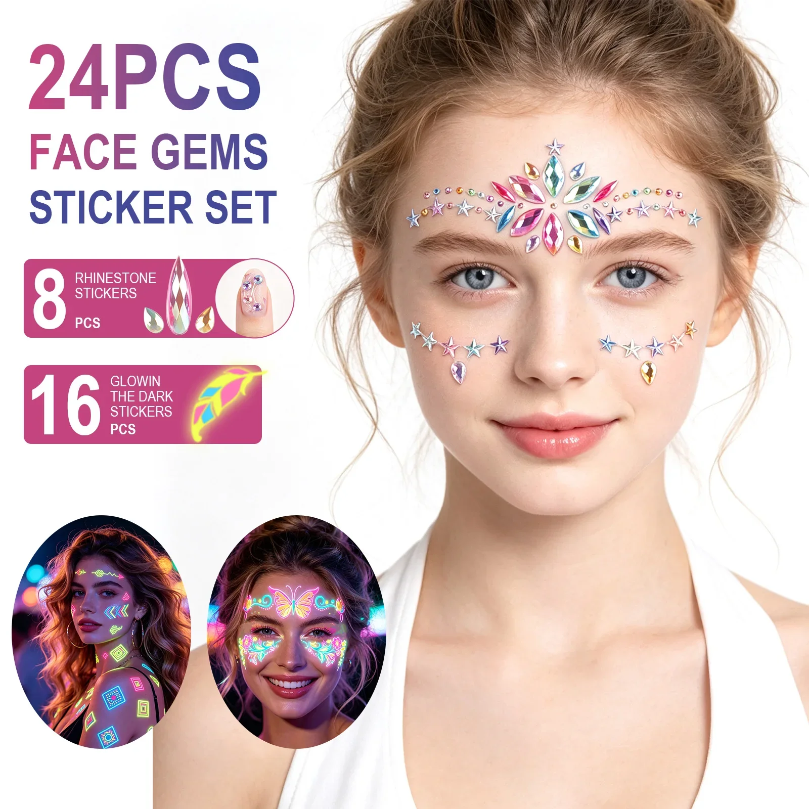 Glow in Dark Face Gems Tattoo Set 24Pcs UV Neon Temporary Body Jewels Rhinestone Sticker for Rave Festival Halloween