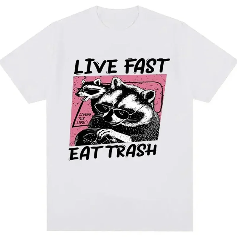 Live Fast Eat Trash drôle dessin animé raton laveur imprimé t-shirt décontracté haut tendance t-shirt Harajuku femme été t-shirt vêtements de rue