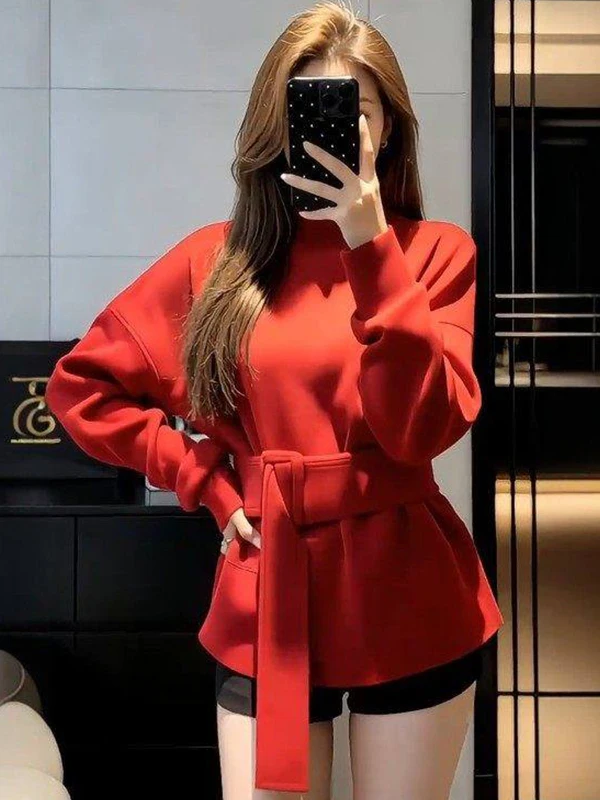 

Unique Beautiful Red High Collar Sweatirt Women's Spring New Loose Waist Slimming Belted Top Warm Long Sve Casual Wear