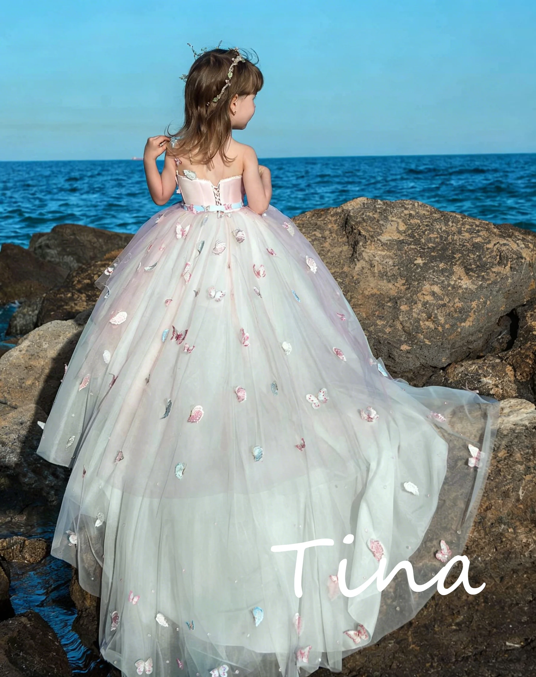 Princess Customized Flower Girl Dresses for Wedding Sheer Neck Applique Tulle Long Kids Birthday Party First Communion Gown