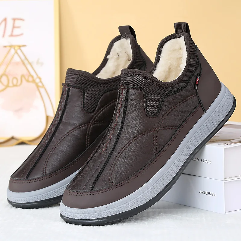 Large size men's cotton shoes, warm, fleece-lined, thickened, casual leather shoes, non-slip, for middle-aged and elderly