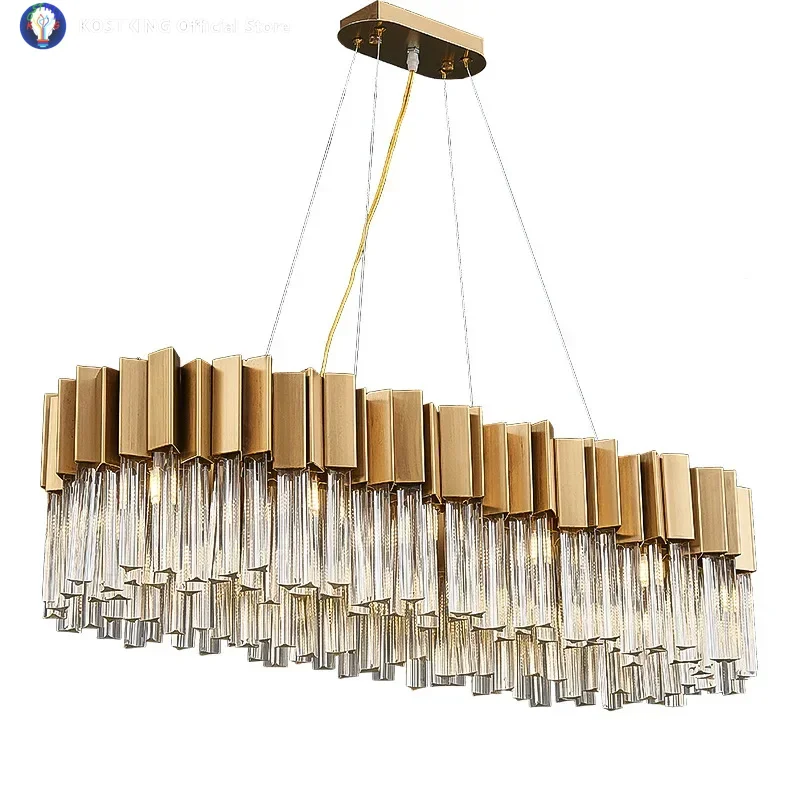 Modern crystal chandelier for dining room luxury kitchen island lighting fixture rectangle brushed gold hanging cristal lamps