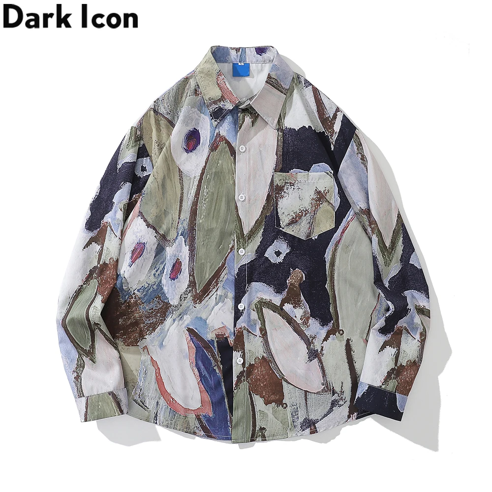 

Dark Icon Abstract Painting Long Sleeved Shirts Men Thin Material Man Blouse Male Top