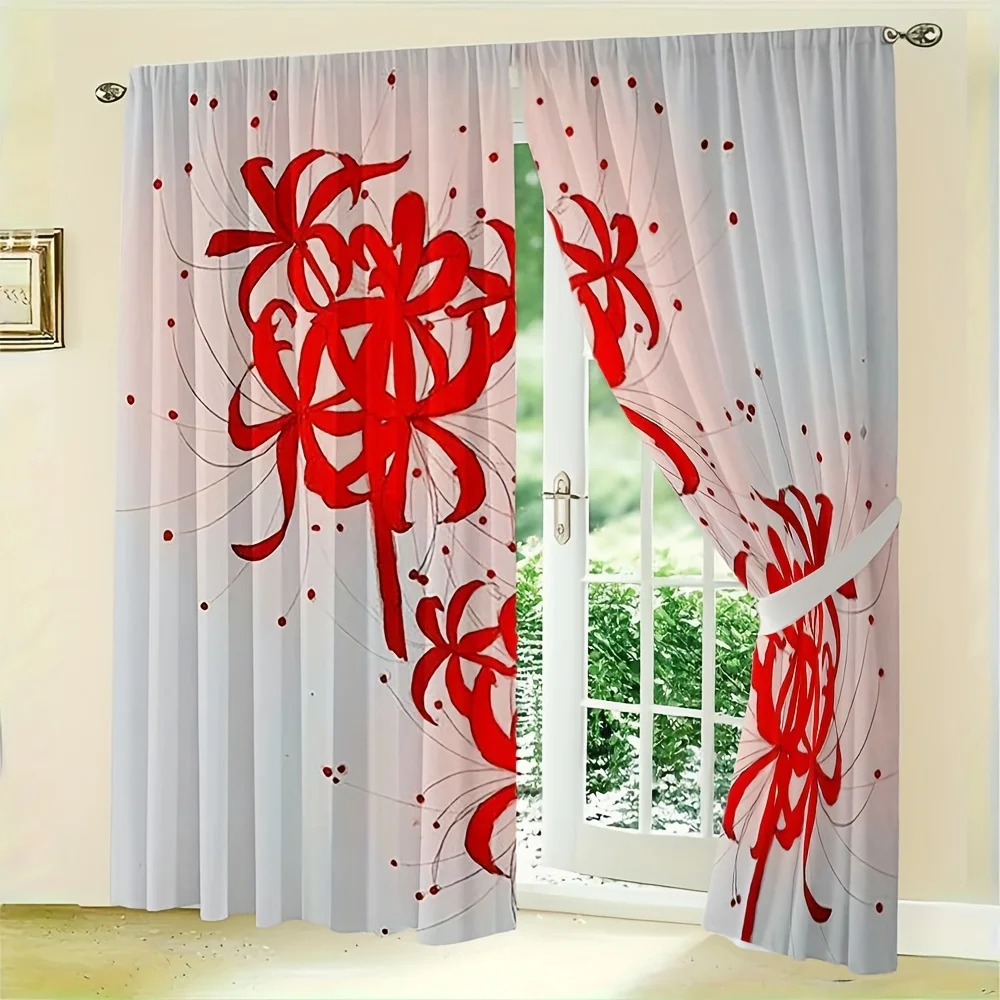 2PC Modern Red Ribbon Bow Curtains Abstract Romantic Drapes Window Treatment for Living Room Bedroom Home Decor