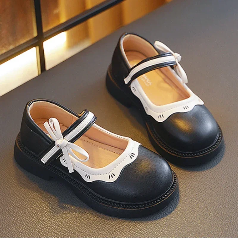 2023 Autumn Girl Leather Shoes Shallow Bowknot Elegant Kids Mary Jane Shoes Fashion Ruffled Edge School Children Princess Shoes