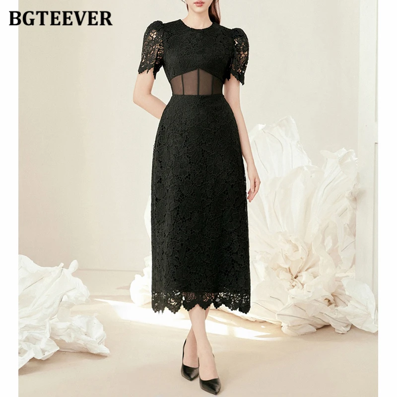 

BGTEEVER Elegant O-neck Short Sleeve Women Lace Dress Summer Slim Waist Female A-line Dress Vestidos