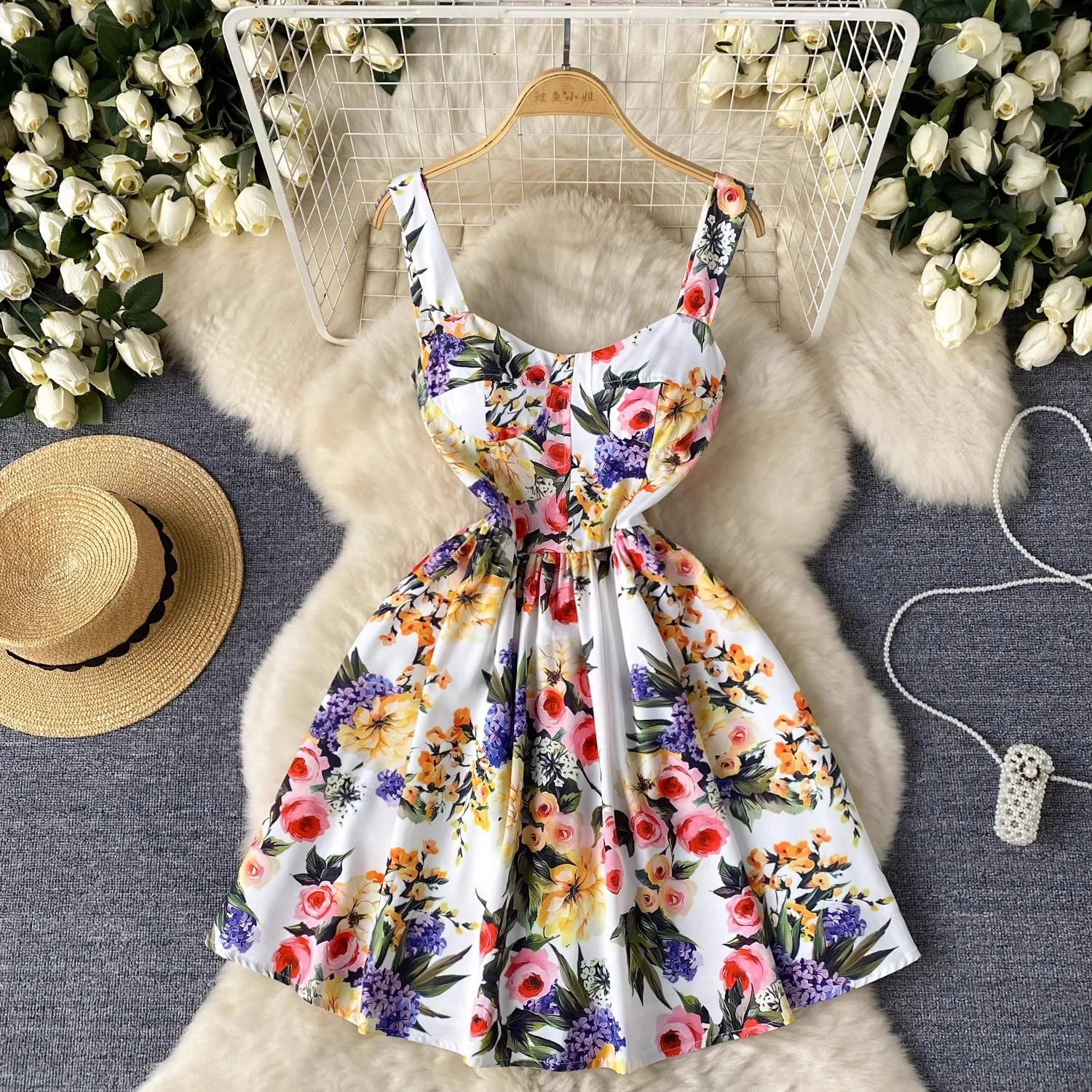 Mini vestido com estampa floral de espaguete feminino, vestido de férias, passarela, copa, fecho traseiro, praia, verão, 634