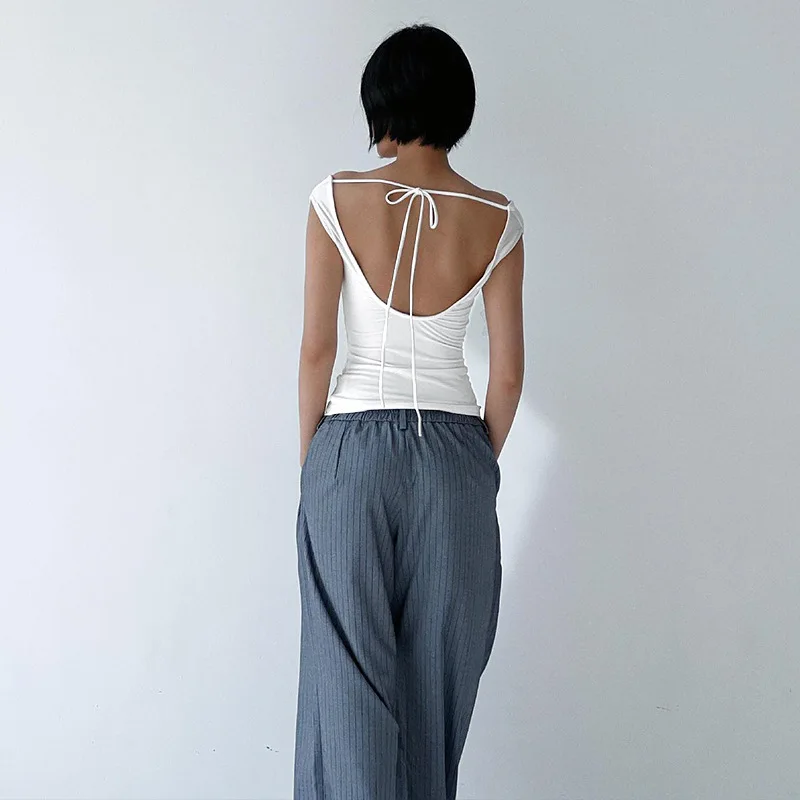 Women's Elegant White Cowl Neck Off Shoulder Top Sleeveless Slim Fit Casual Summer Basic Blouse