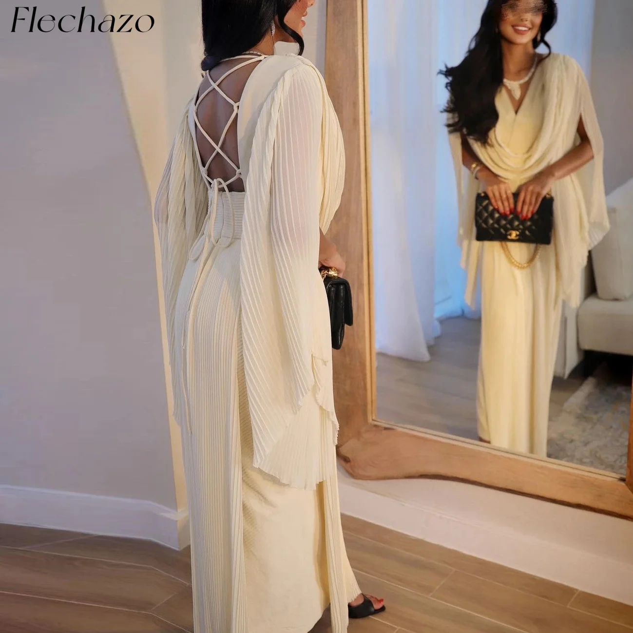 

Flechazo Evening Dresses Backless Floor-Length Pleated Ruched Flare Sleeves Formal Party Dress For Women 2024 فساتين السهرة