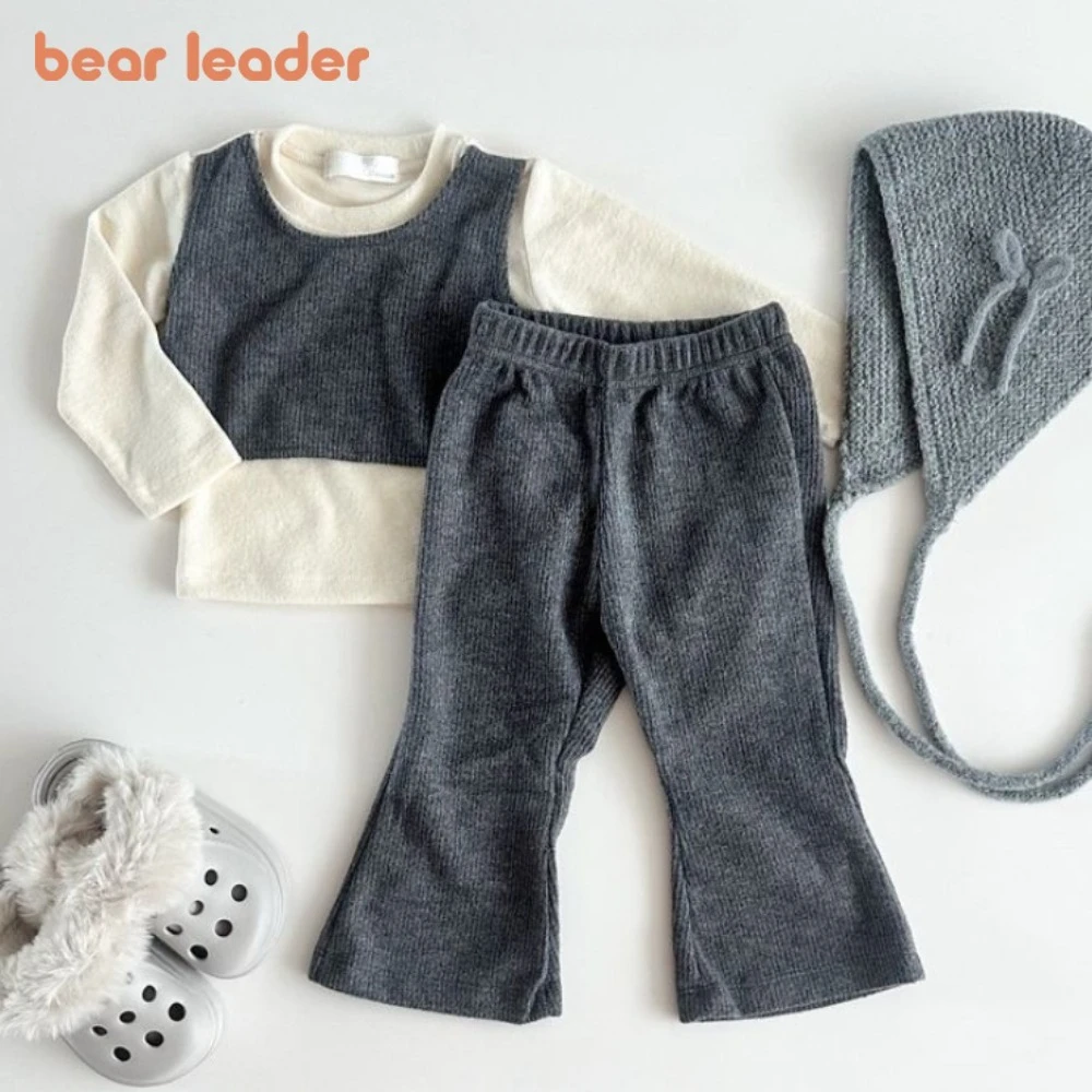 

Корейская версия Bear Leader, лоскутная футболка, топ + брюки, комплект из 2 предметов, цвет olid, детская модная одежда, однотонная одежда с длинными рукавами для девочек