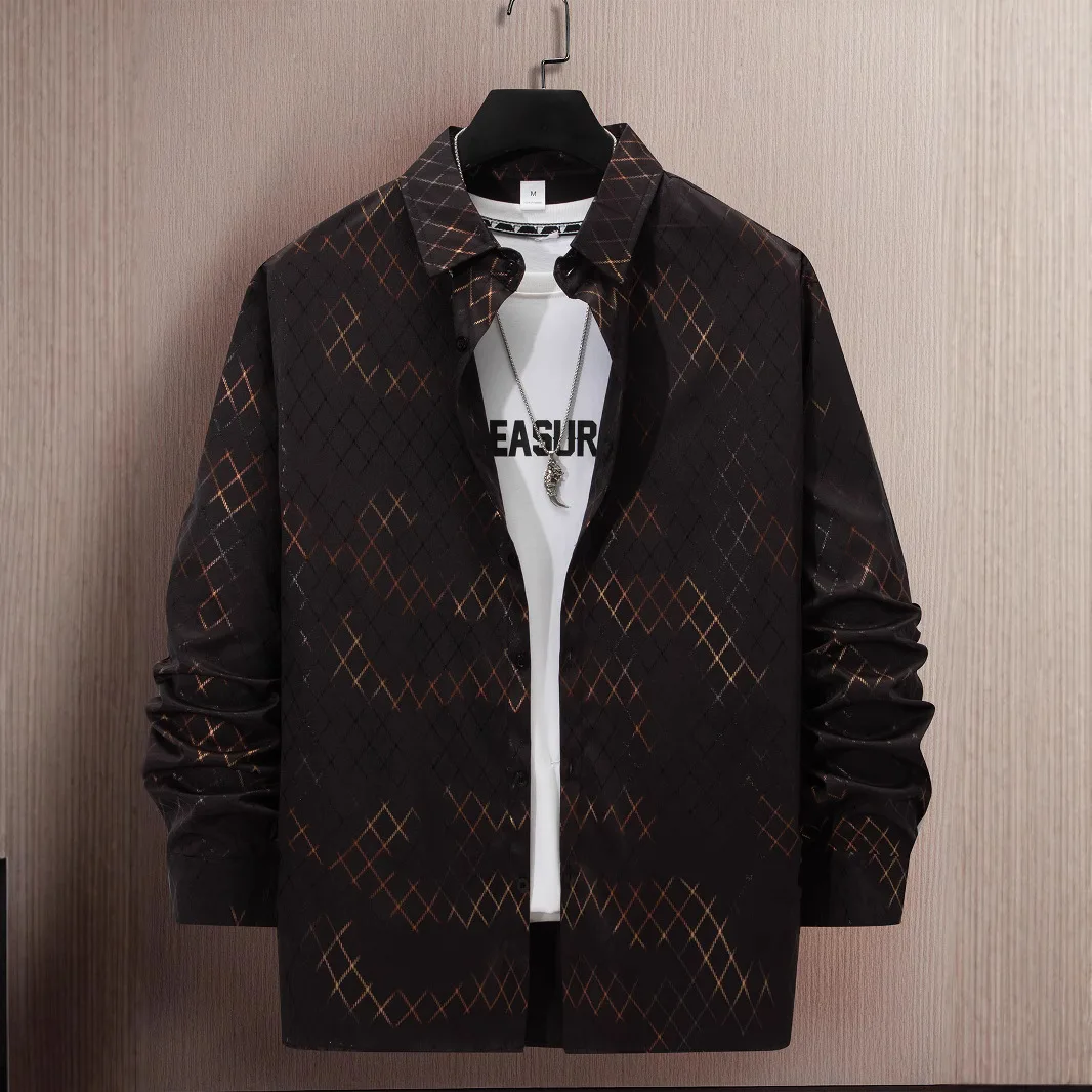 Spring and autumn new men's casual long sleeve cardigan fashion lapel hot gold printing comfortable long sleeve single breasted