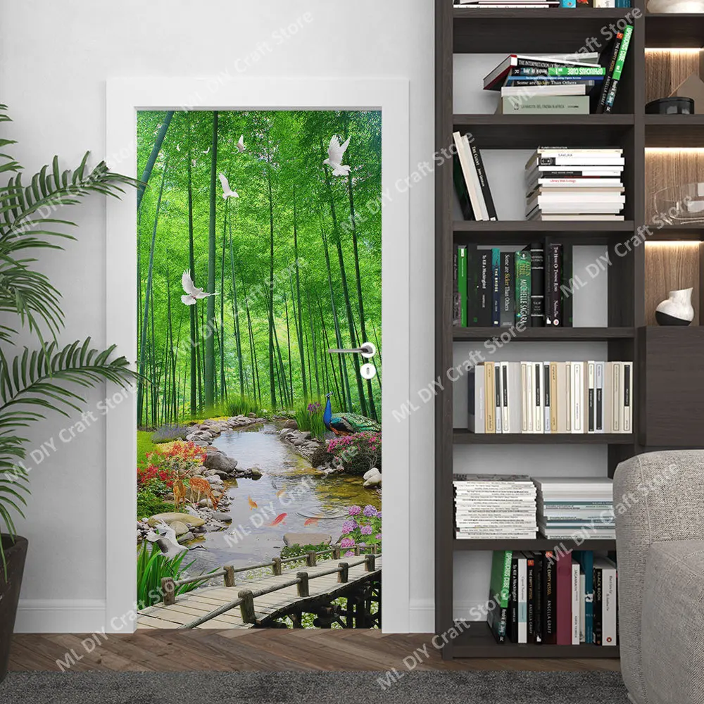 Green Natural Door Sticker Self-adhesive Bamboo Forest Small Bridge Bedroom Study Bathroom Accessories Concealer Wall Sticker