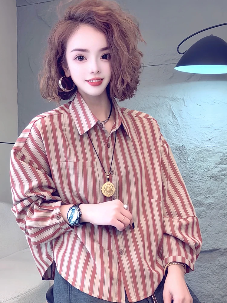 Moda feminina solta longa Sve irt outono nova chegada listrada agasalhos Faionable Casual Vintage Sle respirável Comfo...