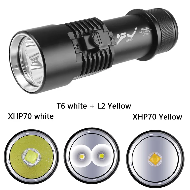 XHP70/L2+T6 Led Flashlight IPX8 Professional Diving Grade Torch Waterproof 1500/400LM 200m 18650 26650 Battery Lantern Outdoor