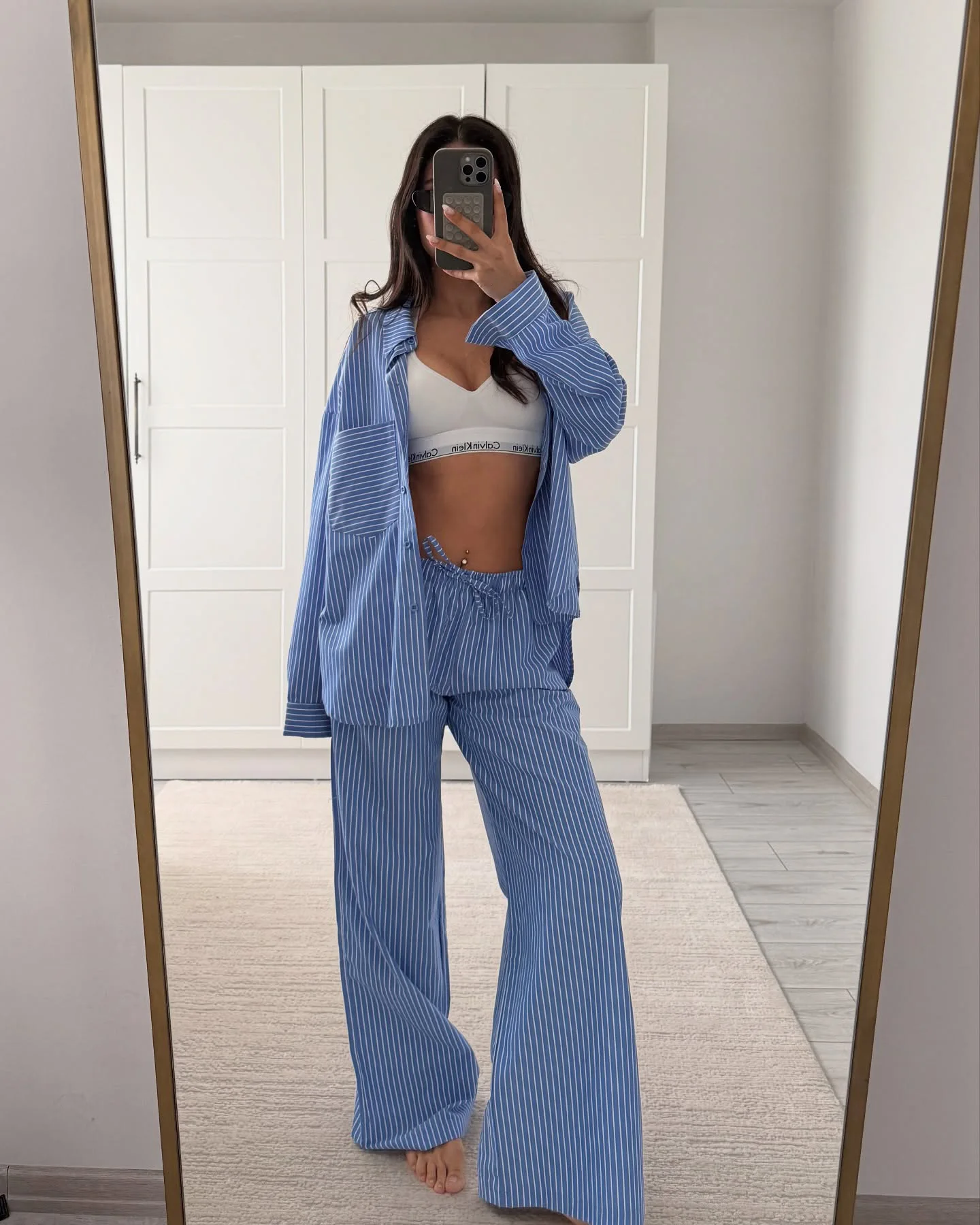 

Pijamas Women 2 Pieces Outfits Set Pocket Striped Turn-Down Collar Shirts Tops Loose Pants Homewear Casual Sleepwear Women Pjs