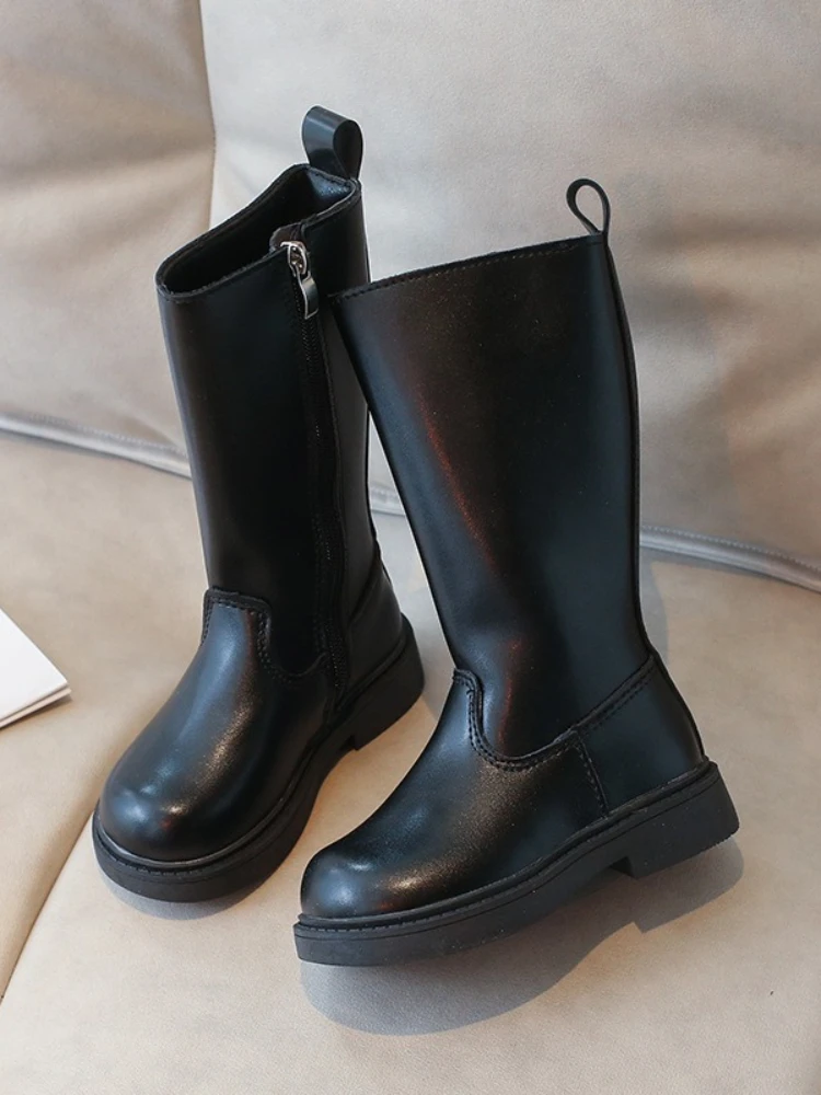 Bottes longues en cuir Pu souple pour enfants, couleur unie, tendance, fermeture éclair, décontractées, antidérapantes, confortables, pour l'extérieur, automne